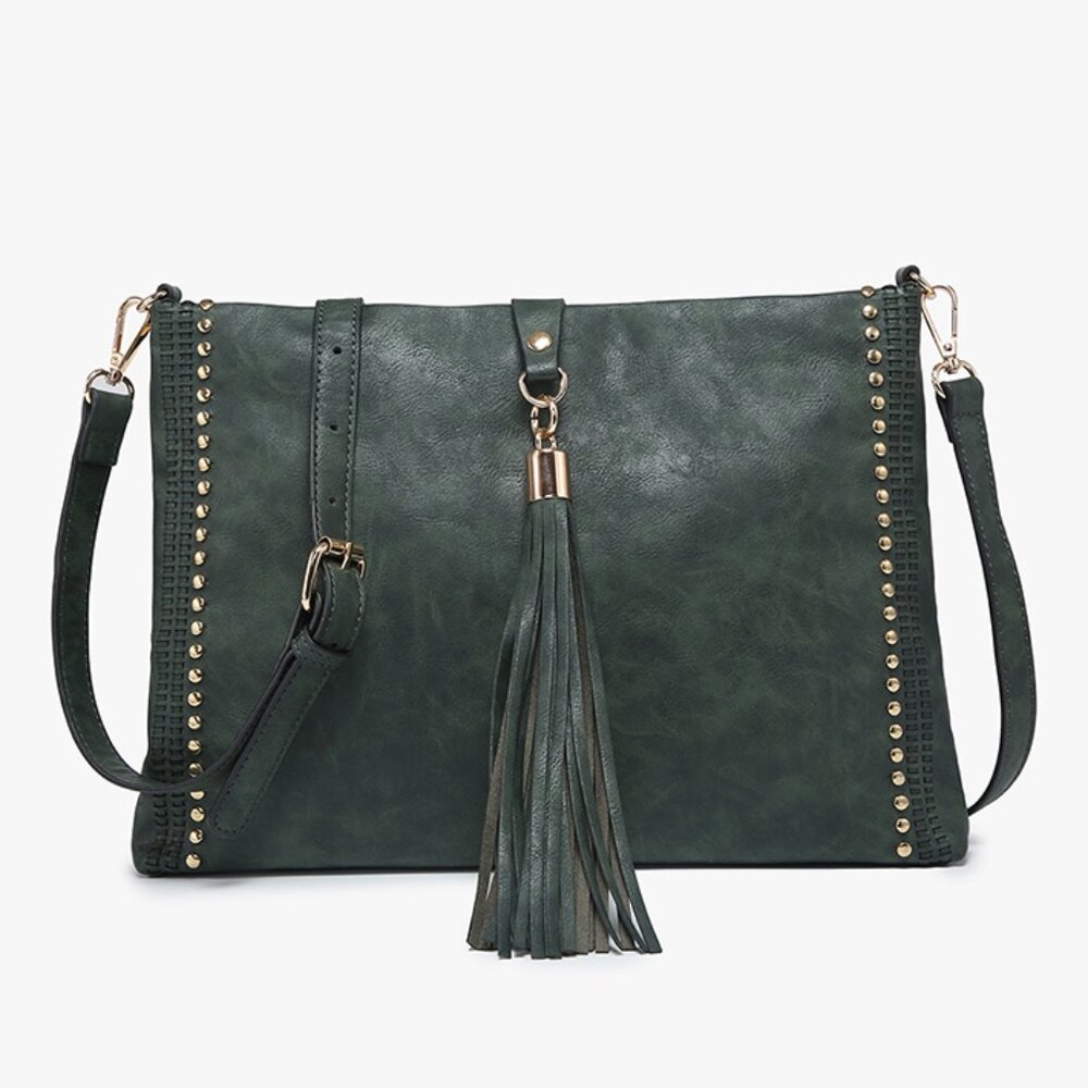 The Harper Studded Tassel Crossbody Bag- Green